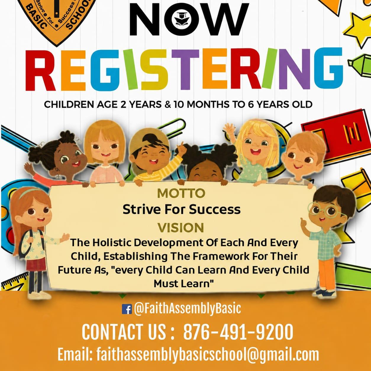 Faith Assembly of God Basic School registration flyer